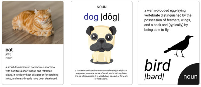 Three animal flash cards that are not consistent by visual design.