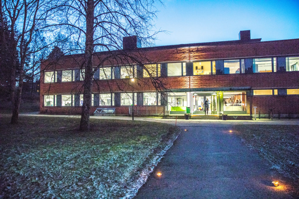 One of the Otaniemi campus buildings photographed in the evening.