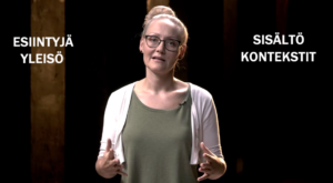 Pilot leader Rinna Toikka presenting four pilot concepts: ' esiintyjä, yleisö, sisältö, kontekstit'.