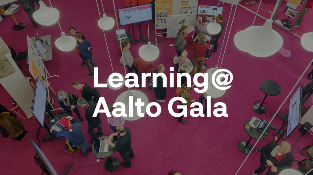 Learning@Aalto gala demo floor with the text 'Learning@Aalto Gala' on top of it.