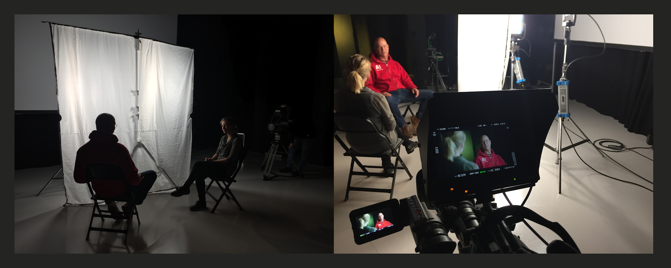 Two studio setups: one with the white screen and the other with close-up of a videocamera.