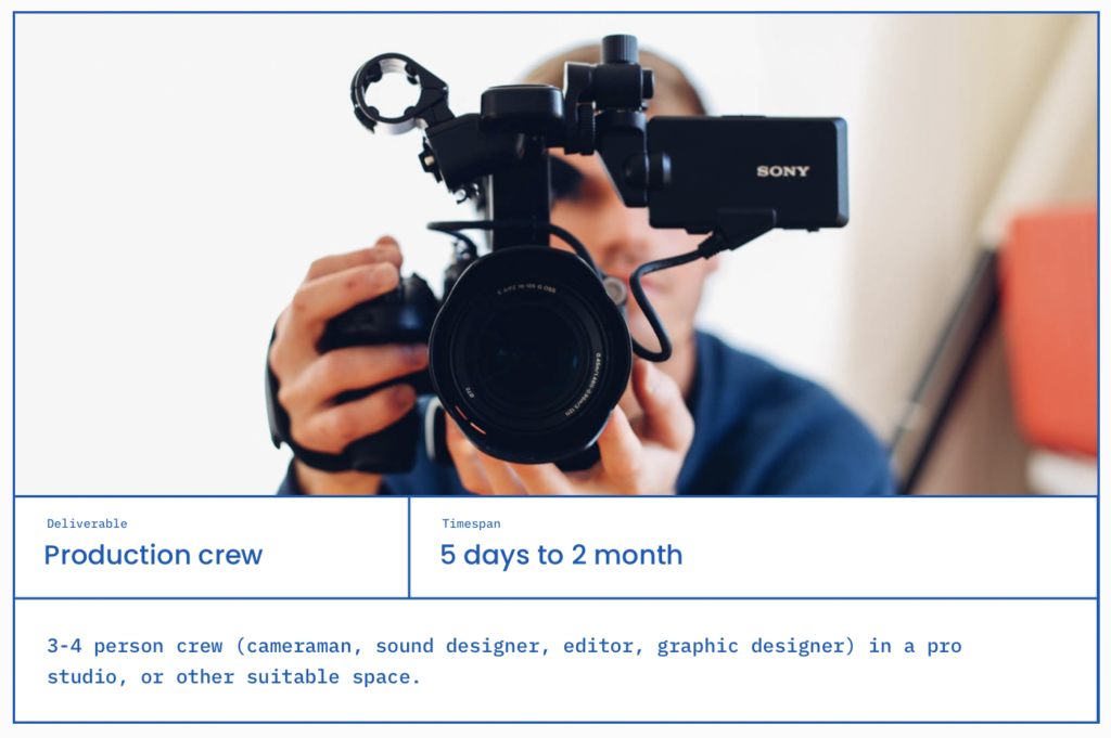 Category: Production crew, 5 days to 2 months, 3-4 person crew (cameraman, sound designer, editor, graphic designer) in a pro studio, or other suitable space.