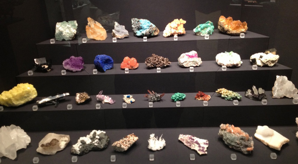Collection of different kind of rocks showcased in glass cabinet.