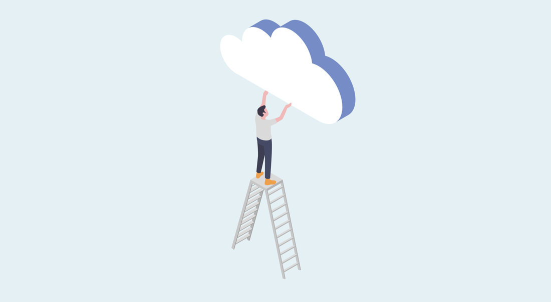 Illustration of a human figure on a ladder, holding a cloud