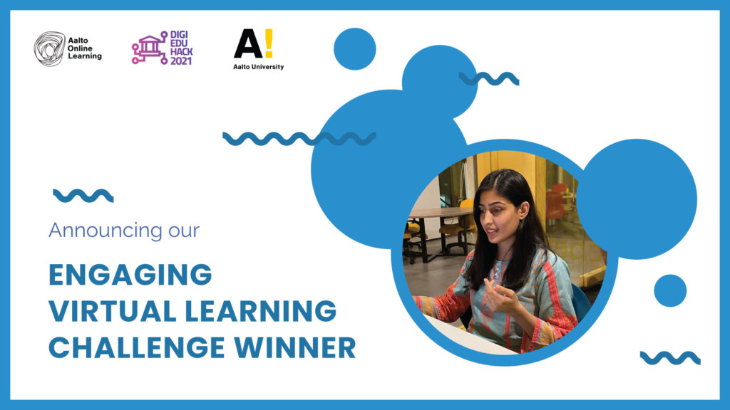 Banner image saying that we are announcing engaging virtual learning challenge winner, and having a photo of the winner there