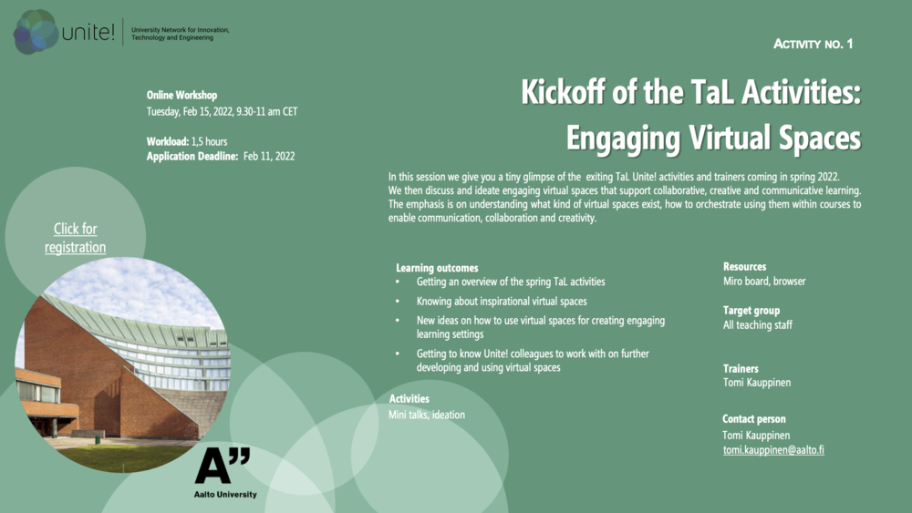 Kickoff of the TaL Activities: Engaging Virtual Spaces